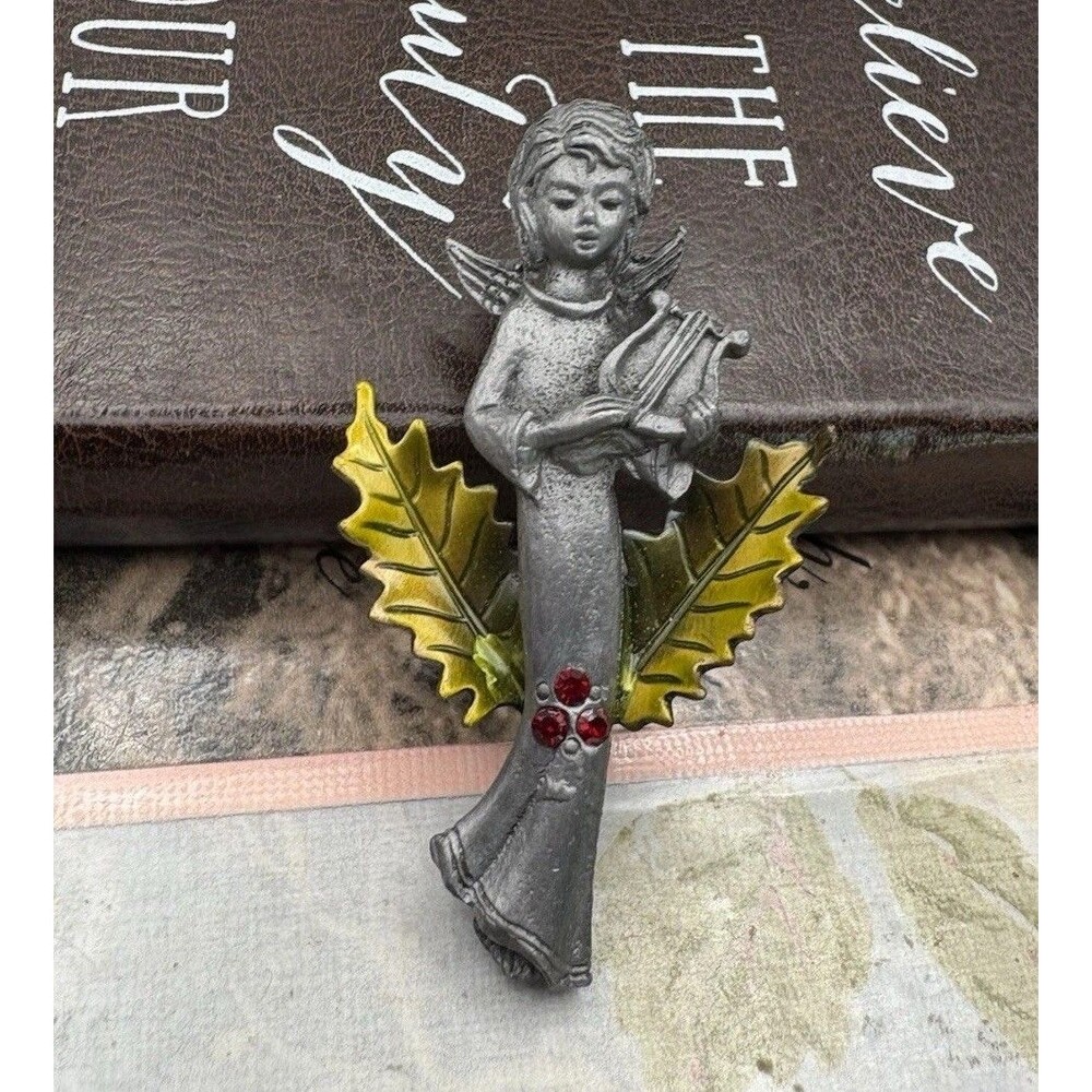 Vintage Angel Brooch Holly Rhinestone Christmas Heirloom Holiday Pin